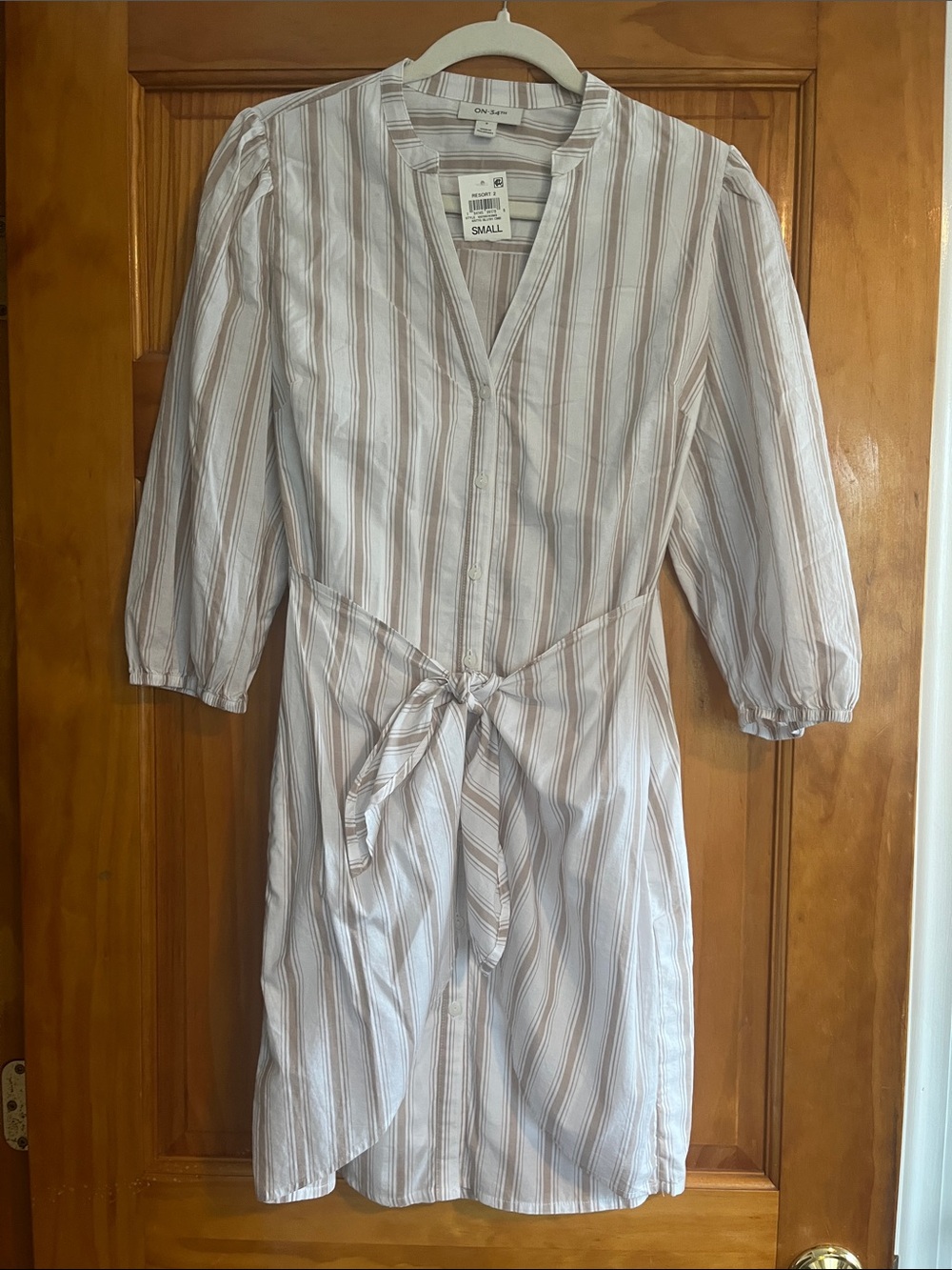 Striped Tie-Waist Midi Dress in Cream and Light Brown